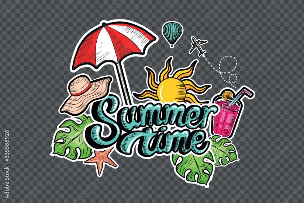 Hand drawn summer time vector banner design with colorful vintage  beach elements isolated on transparent background Hand drawing illustration Summer vacation design element for card or banner designs