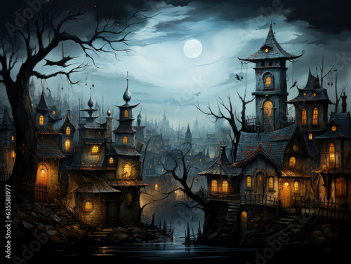 A spooky Halloween night scene with town