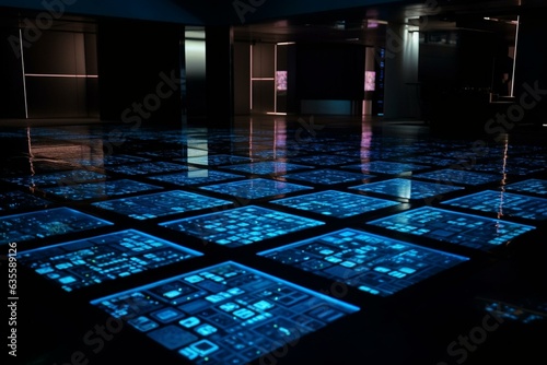 Blue LED-lit floor technology, abstractly submerging a data-infused metaverse. Generative AI © Maxim