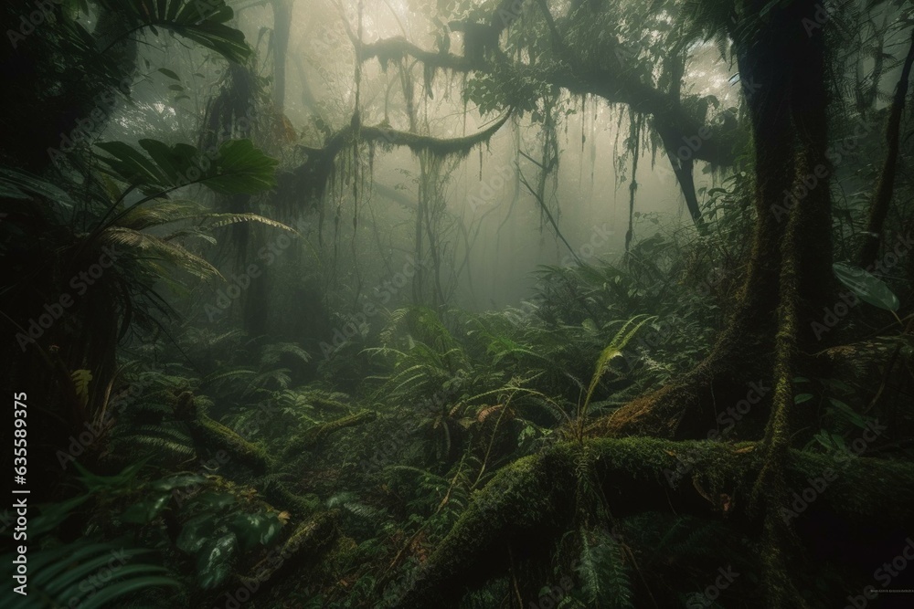 Misty rainforest. Generative AI
