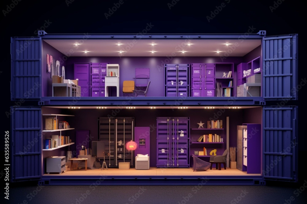 Cutaway of 10x20 ft self storage units with furniture visualization on purple background. Demonstrates capacity for warehouse company. Generative AI - obrazy, fototapety, plakaty 