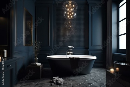 Sleek bathroom design with dark blue wall. Generative AI