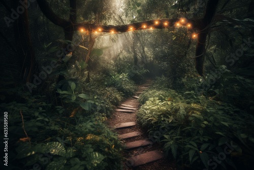 A glowing path through a forest, offering guidance. Generative AI