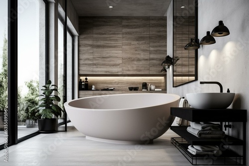 Modern bathroom featuring white   beige walls  concrete floor  marble sink  oval mirror  black   white bathtub. Generative AI