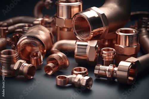 Copper plumbing components against a white backdrop. 3D rendering. Generative AI