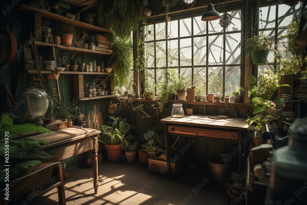Sunlit crafting nook in cozy home with greenery and rustic workshop vibes. Generative AI