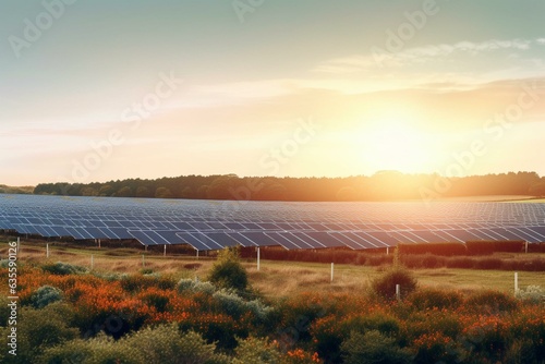 Panoramic view of a contemporary solar farm in the English countryside at sunrise. Generative AI