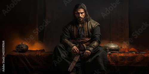 An Ottoman emppire warrior, a young janissary sitting in a Ottoman tent waiting for battle. Generative AI