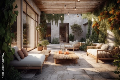 Arranged outdoor living area in a 3D rendering. Generative AI