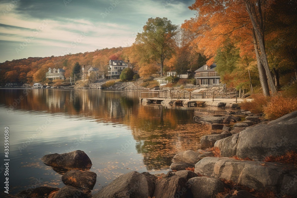 Scenic autumnal view of Meredith Bay in historic Meredith, NH, USA. Generative AI