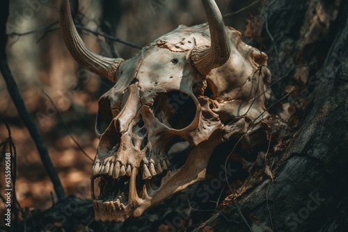 Decaying bovine cranium positioned amidst branches. Generative AI © Marius