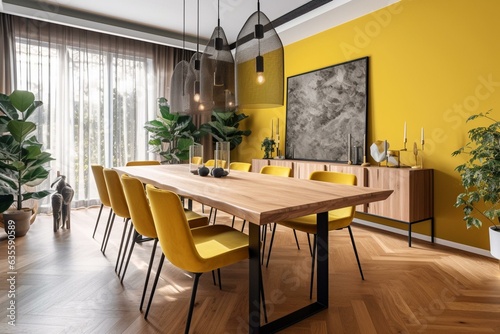 Modern yellow dining room with a contemporary design. Generative AI