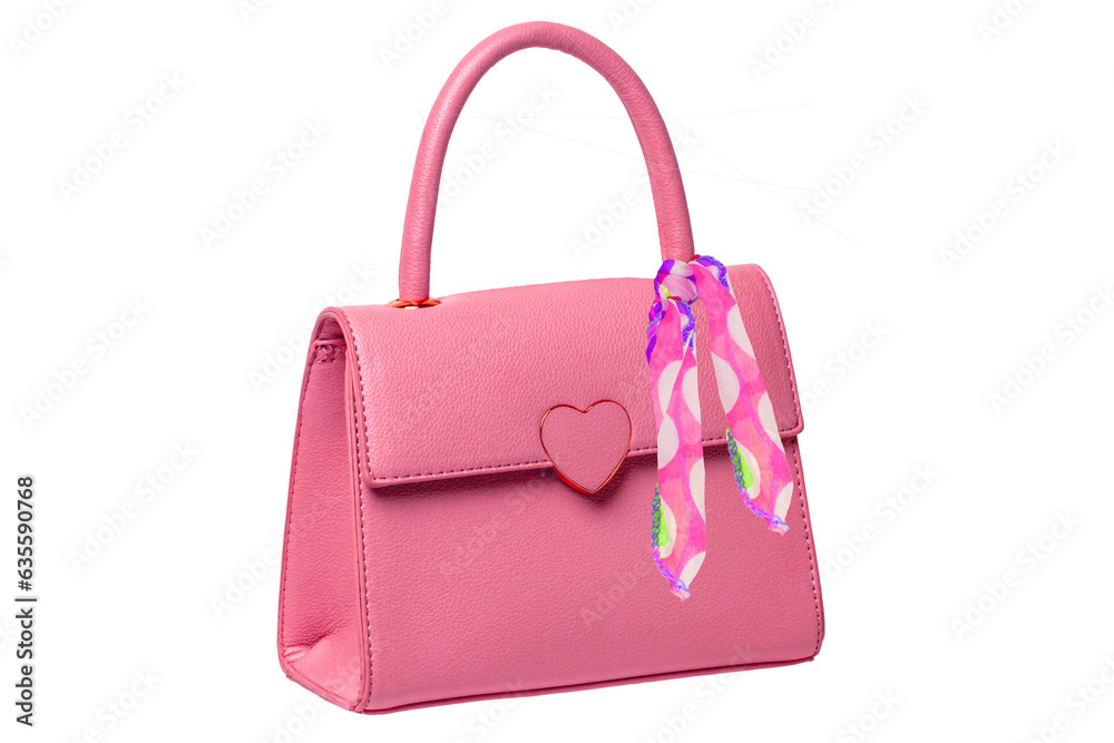 Stylish women's handbag. A fashionable female pink luxury handbag decorated with colorful cloth tape isolated on white. Fashionable womans accessories. Advertising. Stylish women's handbag. A fashionable female pink luxury handbag decorated with colorful cloth tape isolated on white. Fashionable womans accessories. Advertising.