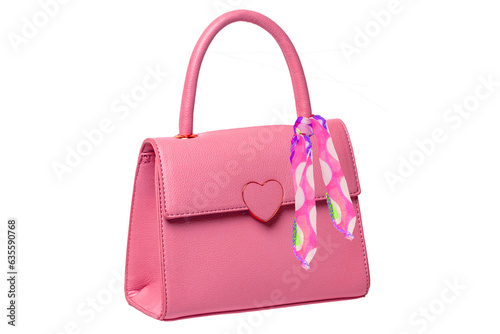 Stylish women's handbag. A fashionable female pink luxury handbag decorated with colorful cloth tape isolated on white. Fashionable womans accessories. Advertising.