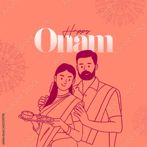 Happy Onam calligraphy with South Indian couple celebrating Onam festival editable vector illustration for the social media post, greeting card, and packaging.  photo