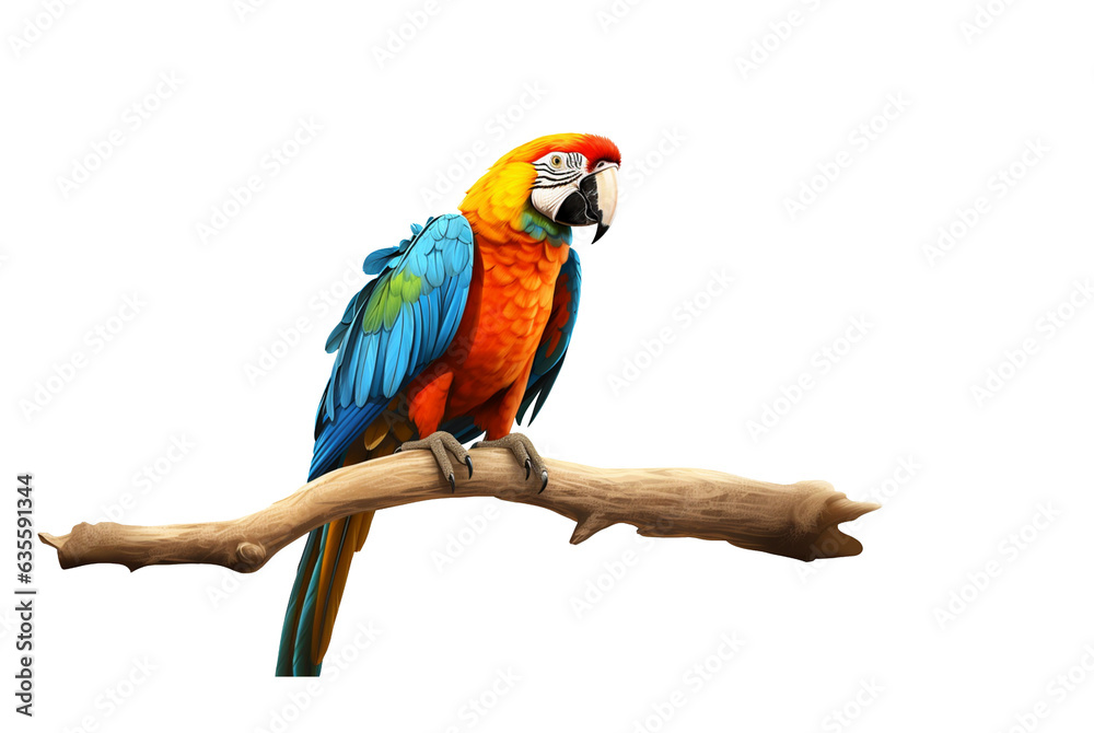 Colorful macaw perching on branch on transparent background