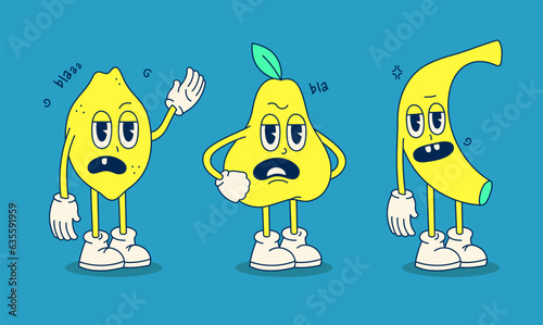 Cartoon unhappy fruits on a blue background. Vector set of images in groove style. Retro cartoon style illustration of a banana, lemon and pear with a 70s-80s vibe.