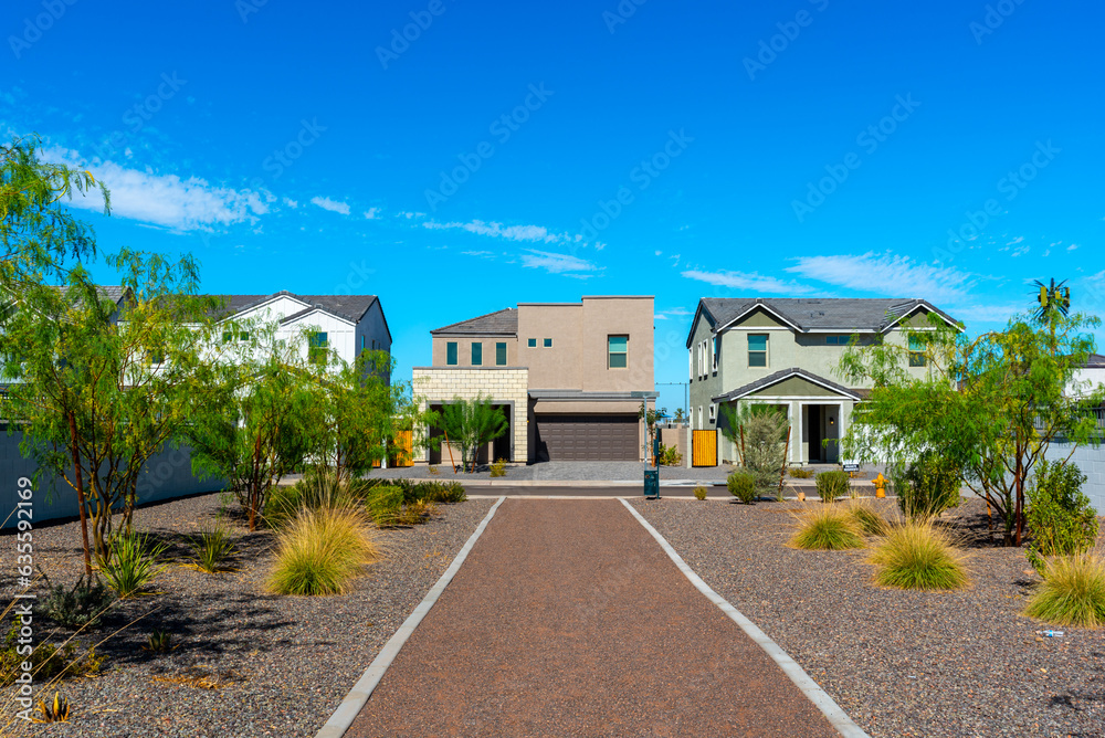 Obraz premium Newly built single-family homes in Arizona await buyers.