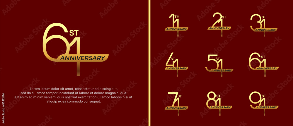 set of anniversary logo gold color and golden ribbon on red background for celebration moment set of anniversary logo gold color and golden ribbon on red background for celebration moment