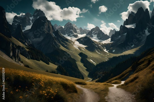 Stunning Mountain Landscape with a Trail, Inspired by the Italian Dolomites.