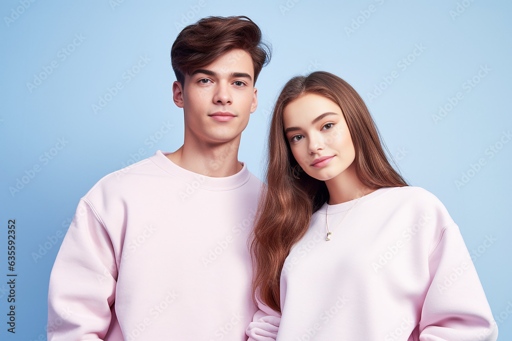 Close-up portrait of young loving couple embracing while standing in studio. Couple in athletic sweater. Photo shoot of lovely couple sweater. Generative AI. Close-up portrait of young loving couple embracing while standing in studio. Couple in athletic sweater. Photo shoot of lovely couple sweater. Generative AI.