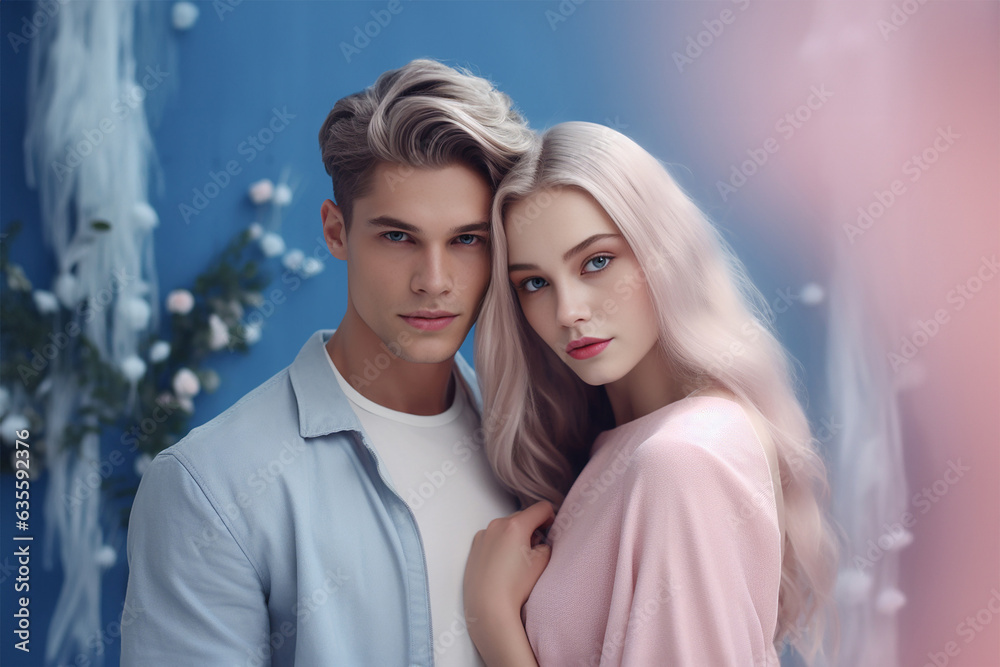 Close-up portrait of young loving couple embracing while standing in studio. Couple in athletic sweater. Photo shoot of lovely couple sweater. Generative AI. Close-up portrait of young loving couple embracing while standing in studio. Couple in athletic sweater. Photo shoot of lovely couple sweater. Generative AI.