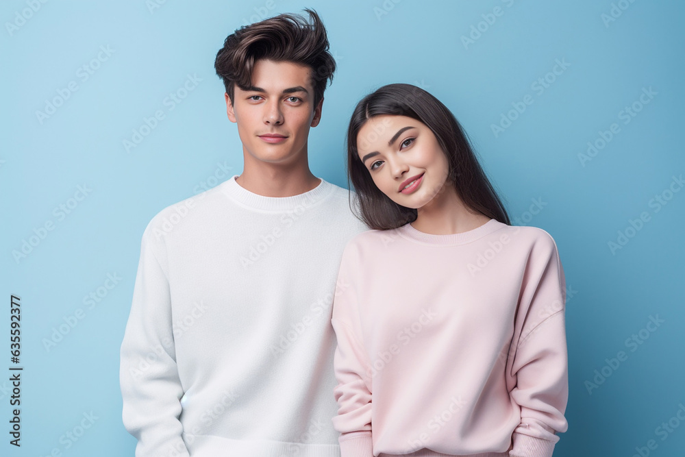 Close-up portrait of young loving couple embracing while standing in studio. Couple in athletic sweater. Photo shoot of lovely couple sweater. Generative AI. Close-up portrait of young loving couple embracing while standing in studio. Couple in athletic sweater. Photo shoot of lovely couple sweater. Generative AI.