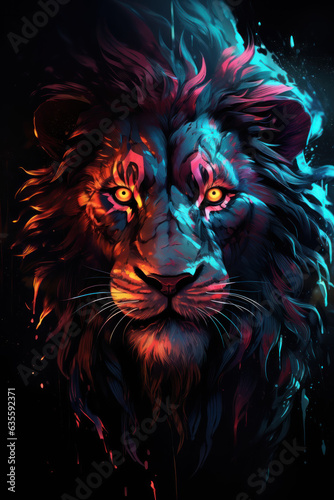 Black Lion using neon lights and cyberpunk style made with Generative AI