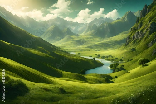 Fantasy Landscape. Enchanted Valley with Green and Radiant Hills and River.