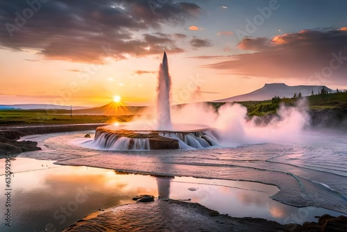 Amazing nature landscape Stunning Eruption of Strokkur Geysir in Iceland during sunset. Strokkur Geyser Popular touristic location and travel destination of Iceland. generated by AI tool