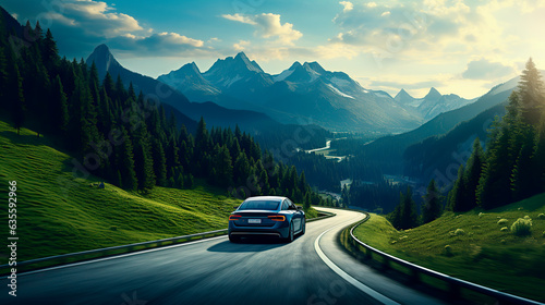 EV (Electric Vehicle) electric car is driving on a winding road that runs through a verdant forest and mountains #635592966