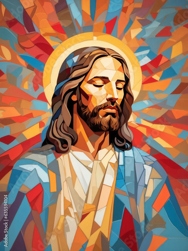 Jesus Christ Savior. Portrait, Christianity. Prayerful gaze into heaven. Cubism. For Easter, Christmas and Christian holidays. For covers, books, posters, t-shirts, clothing.