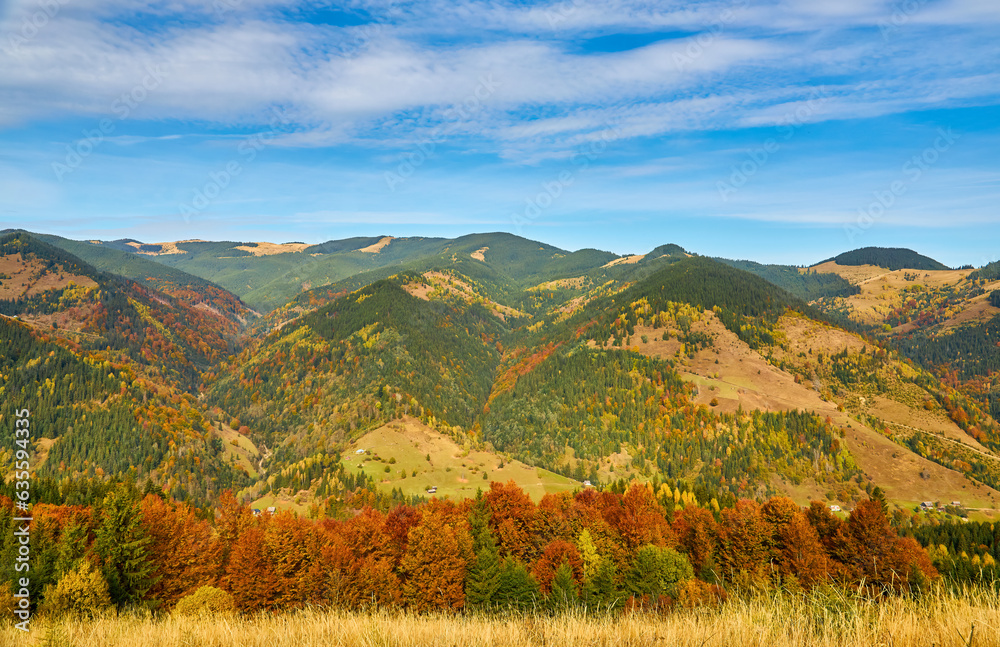 Autumn Morning in the Mountains: A Serene Village in the Valley Surrounded by Majestic Peaks Autumn Morning in the Mountains: A Serene Village in the Valley Surrounded by Majestic Peaks