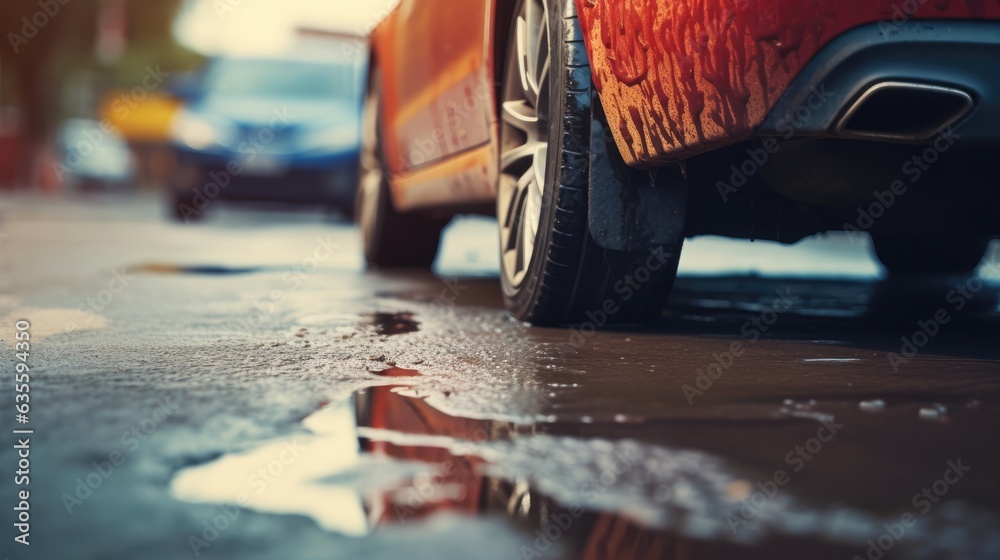 Selective focus of engine oil stains of car leaking. Oil leak or drop