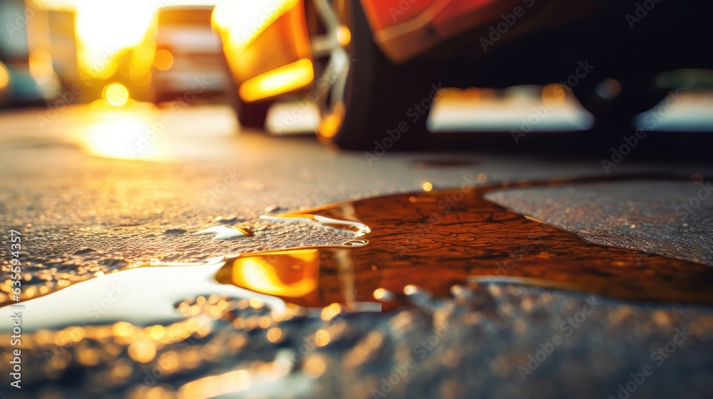 Selective focus of engine oil stains of car leaking. Oil leak or drop from engine of car on concrete floor. Selective focus of engine oil stains of car leaking. Oil leak or drop from engine of car on concrete floor.