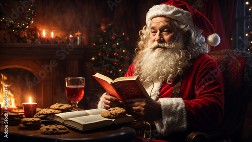 Happy Santa Claus holding reading a book sit at home table late with presents on xmas eve. Merry Christmas traditional concept.