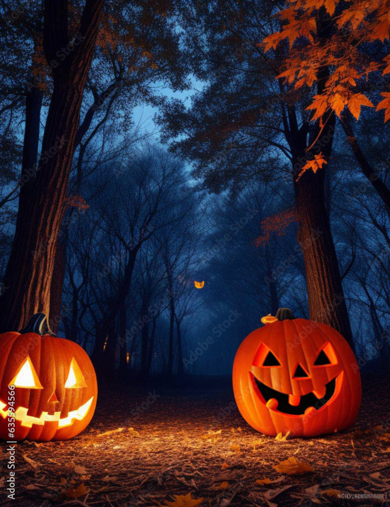 Spectral Glow: Jack O’ Lanterns Amid Spooky Forest and Ghostly Lights - Halloween Enchantment Spectral Glow: Jack O’ Lanterns Amid Spooky Forest and Ghostly Lights - Halloween Enchantment