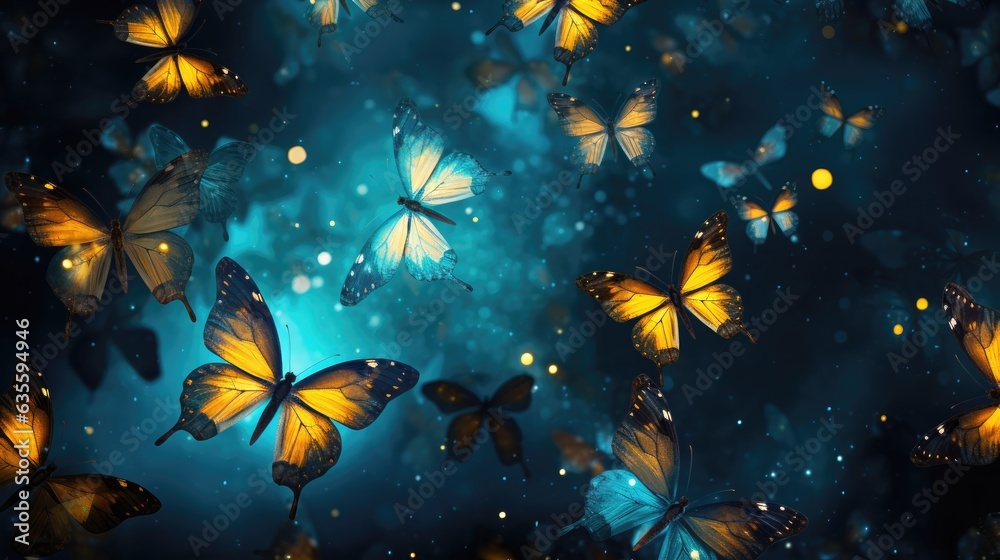 Shimmering golden and blue butterflies. Shimmering golden and blue butterflies.