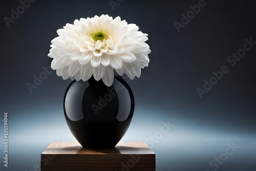 a black vase filled with white flowers, by senior artist, shutterstock, on a pedestal, full height view, chrysanthemum, funeral, black background
