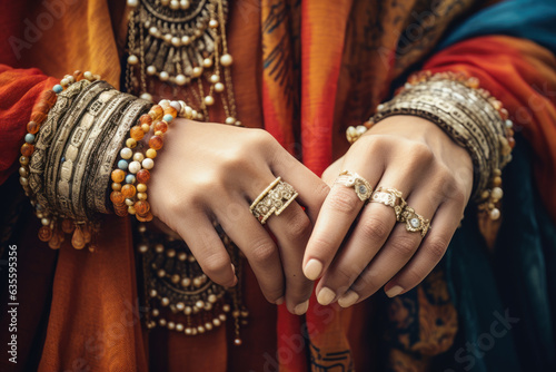 Close up of a woman's hands with lots of boho jewellery © Jasmina