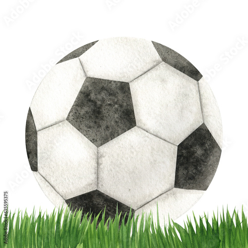Soccer ball. Football ball on the grass. Watercolor hand drawn illustration. Isolated. Sports equipment. For football club, sporting goods stores, poster and postcard design