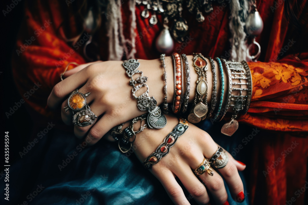 Close up of a woman's hands with lots of boho jewellery - obrazy, fototapety, plakaty 