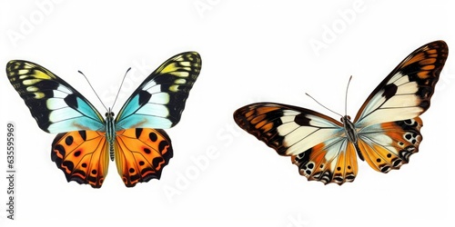 Set two beautiful colorful bright multicolored tropical butterflies with wings spread and in flight isolated on white background, close-up macro, Generative AI