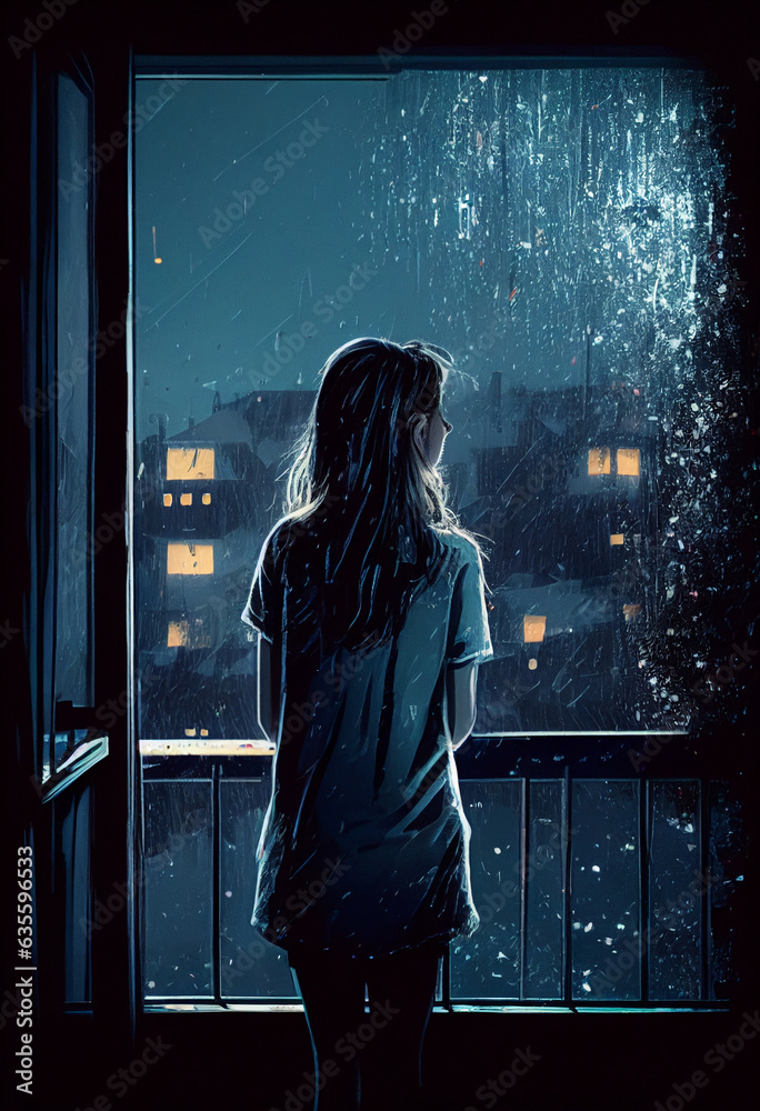 teenage-girl-looking-out-the-window-on-a-rainy-day-ai-generated-stock