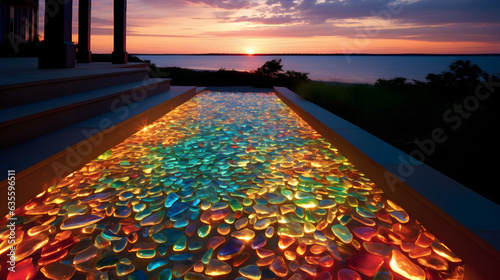 Dancing on a Luminous Seaglass Walkway Reflecting a Rainbow of Memories. Generative Ai. 