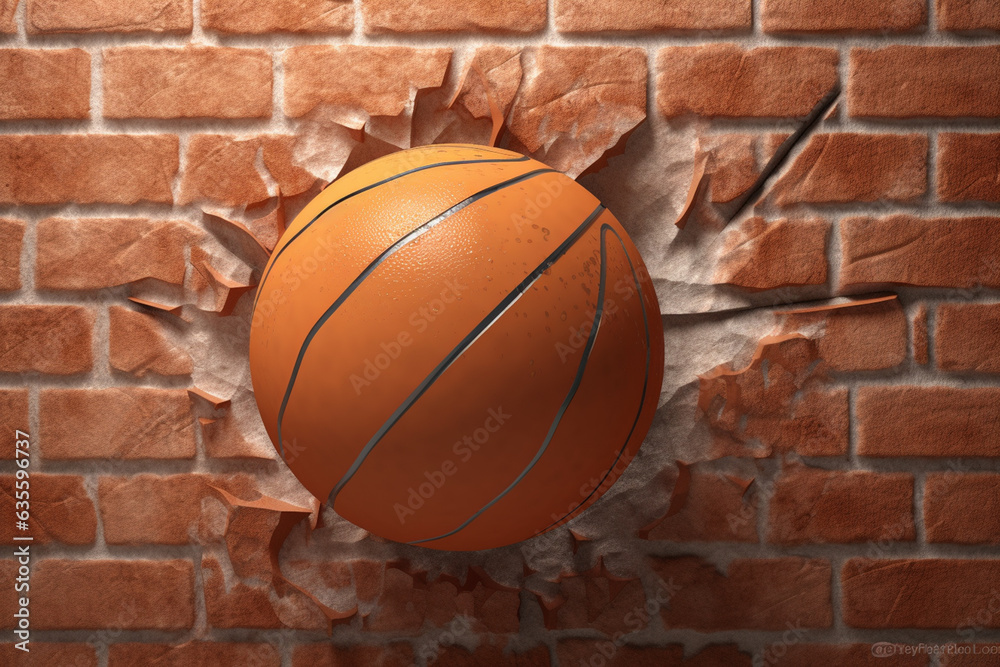 Basketball ball breaking through a brick wall. 3d illustration.