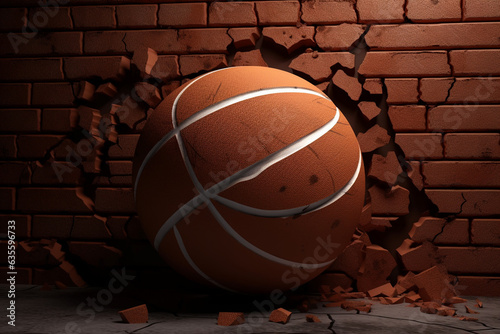 Basketball ball breaking through a brick wall. 3d illustration.