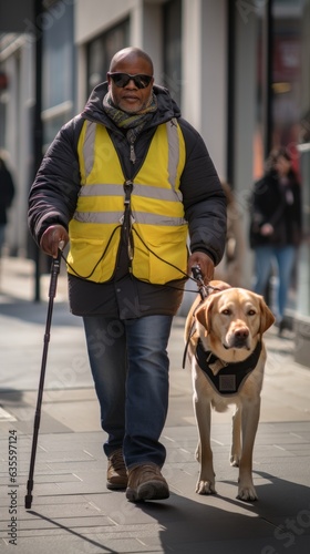 Guide dog assisting a blind person. Generative AI