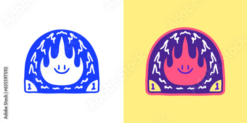 Cute fire with smile face emblem, illustration for logo, t-shirt, sticker, or apparel merchandise. With doodle, retro, groovy, and cartoon style.