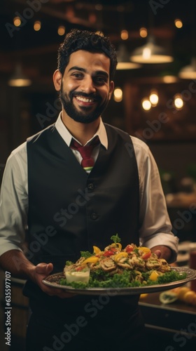 Smiling restaurant waiter with food tray. Generative AI